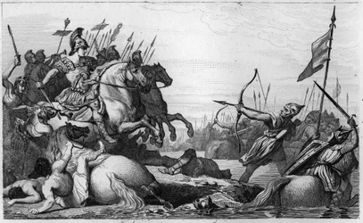 Chlodio Dlouhovlasý (asi 428-asi 448) po porážce Aetiem ustupuje přes most - Chlodio, zvaný „Dlouhovlasý“ (asi 428-asi 448), předek Merovejců a vůdce sálských Franků - Chlodio je poražen Aetiem, generálem Valentiniana III.