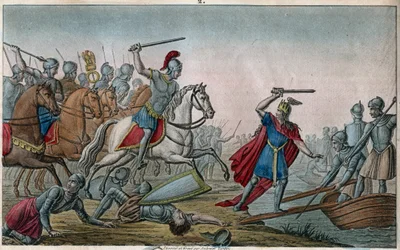 Chlodio, zvaný „Dlouhovlasý“ (428-448), předek Merovejců a vůdce sálských Franků. Chlodio byl poražen Aetiem, vojevůdcem Valentiniana III., který jej donutil znovu překročit Rýn. Nakreslil a vyryl Ambroise Tardieu roku 1825.