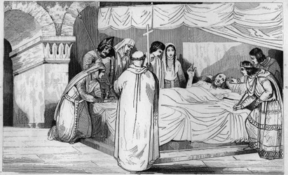 Smrt Pepina z Herstalu (635-714) obklopeného rodinou - Smrt Pepina de Herstal (dědečka Pepina le Brief), obklopuje jeho rodinu a za přítomnosti Dagoberta III. (v roce 714) - Rytina 1825 v „Histoire de France reprezentovaná synoptickou bolestí