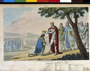 Henri I. (1008 - 1060), dynastie Kapetovců. Vítěz svého bratra Roberta le Vieux mu odpustil a v roce 1016 mu dal Burgundské vévodství – navrhl a vyryl Ambroise Tardieu v roce 1825.