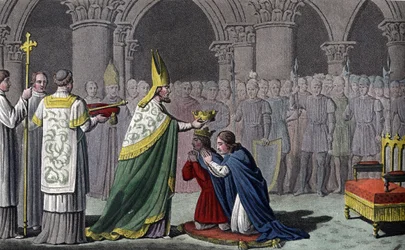 Louis III (863-82) a Carloman (865-84) korunováni společně - Louis III (v.863 - 882) a Carloman (? - 884) jsou posvátni a korunováni ve stejný den (v roce 879) v opatství Ferrières v Gâtinais - Navrhl a vyryl Ambroise Tardieu v roce 1825.