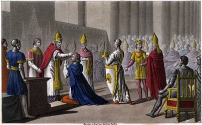 Louis II byl podruhé vysvěcen na koncilu v Troyes Janem VIII. v roce 879. Navrhl a vyryl Ambroise Tardieu v roce 1825.