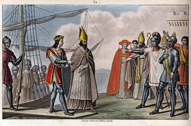 Ludvík IV. ze Zámoří (zámoří, zámoří) (921-954), karolínská dynastie. Guillaume, Archeveque de Sens, ho přivedl zpět z Anglie do Francie, aby znovu získal pod vedením Huguese Velikého. - Kreslení a hrob od Ambroise Tardieu v roce 1825.