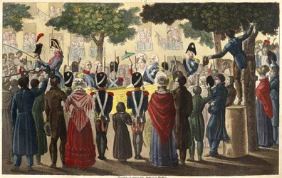 Ludvík XVIII (1755-1824) byl prohlášen za krále Condého armádou mezi malým počtem poddaných loajálních Paříži v roce 1814 (Restaurování) - Navrhl a vyryl Ambroise Tardieu v roce 1825.