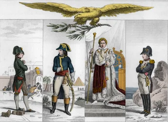 Napoleon Bonaparte (1769-1821) ve čtyřech etapách svého života - Napoleon Bonaparte (1769-1821) v různých obdobích svého života - Rytina z roku 1825 v „Histoire de France reprezentovaná synoptickými malbami věnovanými dětem z Francie a používaná pro jejich