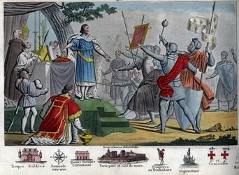 Filip II. (1165-1223), král Capetianus, známý jako „Augustus“, navrhuje dát korunu svým vojákům, pokud si ji budou moci ponechat jeden den před bitvou u Bouvines, ale všichni si raději ponechají svého krále. Vítězstvím v této bitvě zničil Filip II koalitu