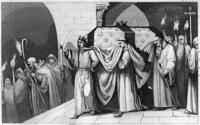 Philippe III The Bold (1245-1285) pomáhá nést rakev svého otce v bazilice Saint Denis v roce 1271 - Philippe III Hardi převáží ostatky svého otce Ludvíka IX. (Saint Louis) do baziliky Saint Denis, nekropole králů v 1271 - ryt