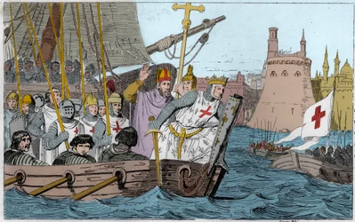 Sedmá křížová výprava: král Svatý Ludvík (1214-1270) a křižáci obléhají Damiettu v červnu 1249 v Dolním Egyptě - Sedmá křížová výprava do Svaté země 1248-50 - Svatý Ludvík IX. (1214-70) vede své jednotky v bitvě - Rytina z roku 1825 v „Histoire de France