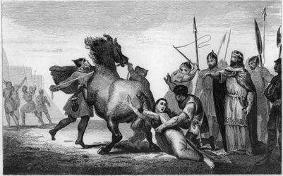 Smrt austrasijské královny Brunhildy, vizigótské princezny provdané za austrasijského krále Sigiberta I. - mučení Brunhildy: Brunhilda neboli Brunehilda (543-613), vězeňkyně Chlothara II., je roku 613 přivázána k ocasu divokého koně - E