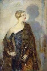 Portrét lady Abdyové, tříčtvrteční, na sobě kožešinový zavinovač,