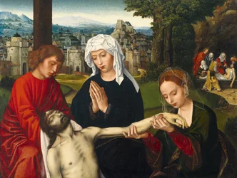 Pieta u paty kříže - Malba Ambrosia Bensona (1495-1550), olej na dřevě, cca 1530, 68x88,2 cm - Pieta u paty kříže, Olej na dřevě od Ambrosia Bensona - Museo de Bellas Artes de Bilbao