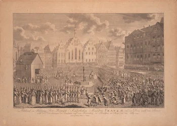 Korunovační průvod Františka II. od frankfurtské katedrály na Römerberg v červenci 1792