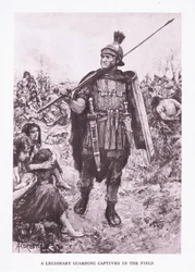 Legionář hlídající zajatce na poli, ilustrace z Římského vojáka, 1928