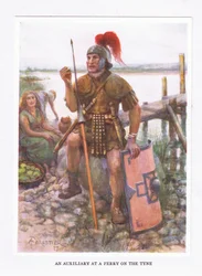 Pomocný oddíl na přívozu na řece Tyne, ilustrace z knihy Římský voják, 1928
