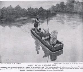 Starověcí Britové na vykopané lodi, ilustrace z „Hutchinsonovy historie národů“, kolem roku 1910