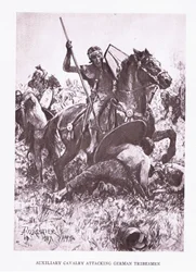 Pomocná jízda útočící na německé domorodce, ilustrace z The Roman Soldier, 1928