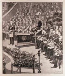 Velké zednářské shromáždění v Royal Albert Hall na počest královnina jubilea, z „The Illustrated London News“, 18. června 1887