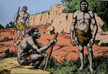 Prehistorie: reprezentace Homo rhodesiensis neboli člověka z Broken Hill, předchůdce Homo sapiens, jehož fosilie byly objeveny v Rhodesii (dnešní Zambie v Africe). Kresba A. Forestier. DR