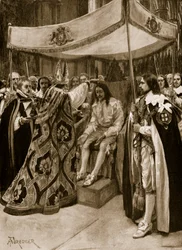 Pomazání Karla I. Georgem Abbotem, arcibiskupem z Canterbury, ve Westminsterském opatství, na Candlemas Day, 1626, z „The Illustrated London News“, 1902