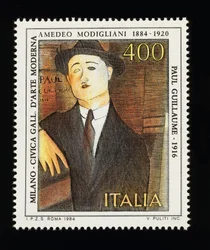 Poštovní známka z italské umělecké série k poctě Amedeo Modigliani (1884-1920), zobrazující Portrét Paula Guillauma (1916), známka 400 lir