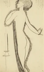 Stojící ženský akt v profilu se zapálenou svíčkou, c. 1911