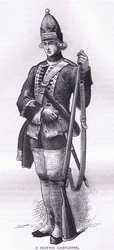 Britský granátník, ilustrace z Cassells History of the United States vydané Cassell, Petter & Galpin, kolem roku 1900 (litho)