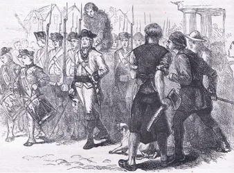 Venkovský dehtovaný a opeřený, ilustrace z Cassells History of the United States, vydané Cassell, Petter & Galpin, kolem roku 1900 (litho)