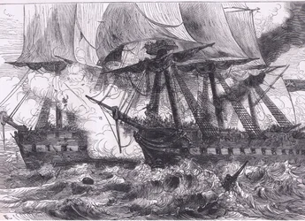 Boj mezi Chesapeake a Shannon, ilustrace z Cassells History of the United States publikovaná Cassell, Petter & Galpin, kolem roku 1900 (litho)