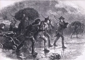 Noční maoeuvres of the Americans at Boston, ilustrace z Cassells History of the United States vydané Cassell, Petter & Galpin, kolem roku 1900 (litho)