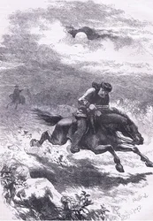 Pronásledování zvěda Paula Revere, ilustrace z Cassells History of the United States, vydané Cassell, Petter & Galpin, kolem roku 1900 (litho)