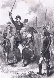 Deklarace nezávislosti čtená armádě, ilustrace z Cassells History of the United States publikovaná Cassell, Petter & Galpin, kolem roku 1900 (litho)