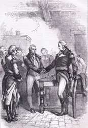 Washington se rozchází se svými starými kamarády, ilustrace z Cassells History of the United States publikovaná Cassell, Petter & Galpin, kolem roku 1900 (litho)