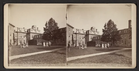 Stereoskopické pohledy na komunitu Oneida, kolem roku 1870 (černobílá fotografie)