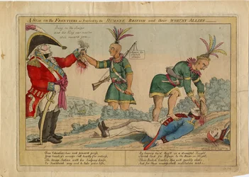 Scéna na hranicích, jak ji praktikovali humánní Britové a jejich důstojní spojenci, kolem roku 1813 (ručně kolorovaný lept)