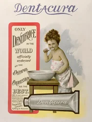 Reklama na Dentacura Dentifrice, z Theatre Magazine, Anglie, 1901