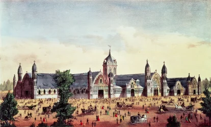 Agricultural Hall, Grand United States Centennial Exhibition, Fairmount Park, Philadelphia, hospoda. od Currier und Ives, 1876