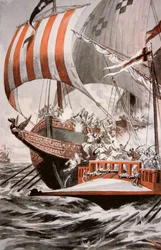 Arouji, bratr Barbarossy, útočí v roce 1504 na galeje s pokladem papeže Julia II. (barevně lito)