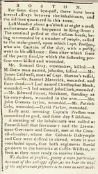 Článek z Boston Chronicle podrobně popisující události Bostonského masakru, 5. března 1770 (novinový tisk)