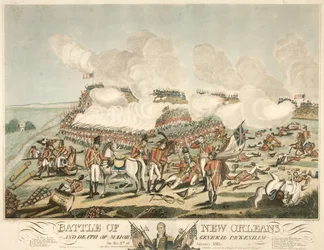 Bitva u New Orleans a smrt generálmajora Packenhama 8. ledna 1815, hospoda. 1815 (barevná rytina)