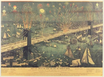 Pohled z ptačí perspektivy na Velký newyorský a Brooklynský most a velkolepý ohňostroj při slavnostním otevření v roce 1883