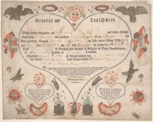 Rodný a křestní list (Geburts und Taufschein) pro Marii Catharinu Raup c.1806 (pero a inkoust s akvarelem na papíře)