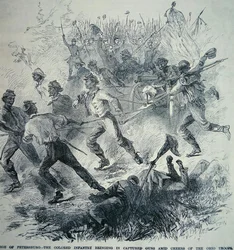 Černé jednotky armády Unie přinášejí ukořistěné zbraně během obléhání Petrohradu (1864–65) (litho)