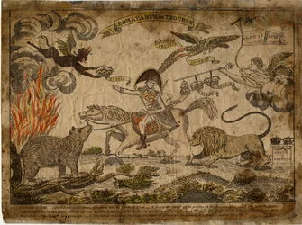 Bonaparte v nesnázích, 1815 (ručně kolorovaná rytina)