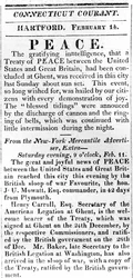 Brožurka oznamující mír mezi USA a Velkou Británií po válce z roku 1812, otištěná v Connecticut Courant, 1815 (tisk)