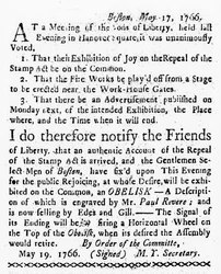 Oslava zrušení zákona o známkách, z Boston Gazette, 19. května 1766 (novinový papír)