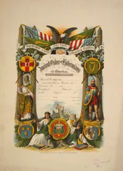 Osvědčení o členství v Ancient Order of Hibernians of America, kolem roku 1894 (barevná litografie)