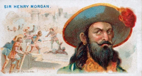 Cigarette Card Sir Henry Morgan, Capture of Panama, hospoda. 1888 barevná litografie.