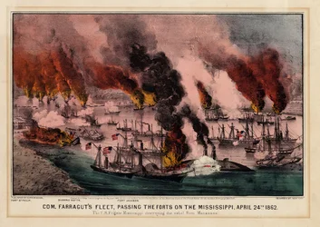 Com. Farragutská flotila, kolem pevností na Mississippi, 24. dubna 1862, hospoda. od Currier & Ives, 1862