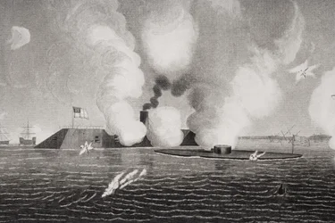 Boj mezi konfederačním CSS Virginia (vlevo) a Union USS Monitor (vpravo) 9. března 1862 v Hampton Roads ve Virginii (detail 254608)
