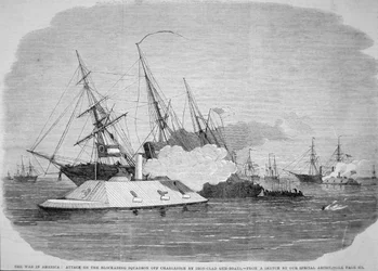 Konfederační obrněné jednotky zaútočily na federální blokádní eskadru u Charlestonu, 4. dubna 1863 (litho)